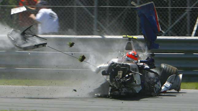 Robert Kubica of Poland crashes hard at the hairpin turn during the Formula One Grand Prix of Canada 10 June 2007 in Montreal, Quebec, Canada. Kubica was reported to be stable and conscious after breaking his leg in the high-speed accident during the Canadian Grand Prix. 