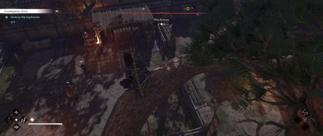 Naoe perches on a tree and looks down at her targets.