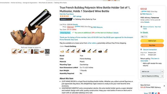 Wine Bottle Holder shaped like a french bulldog drinking a bottle of wine like a baby drinking milk from a bottle.