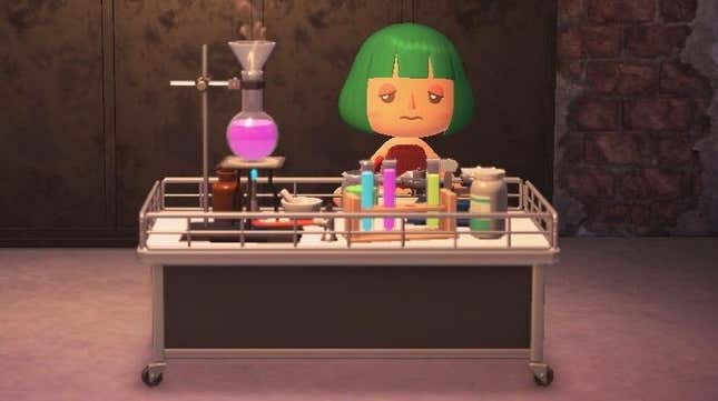 Герой от Animal Crossing стои зад маса, пълна с химическо оборудване.