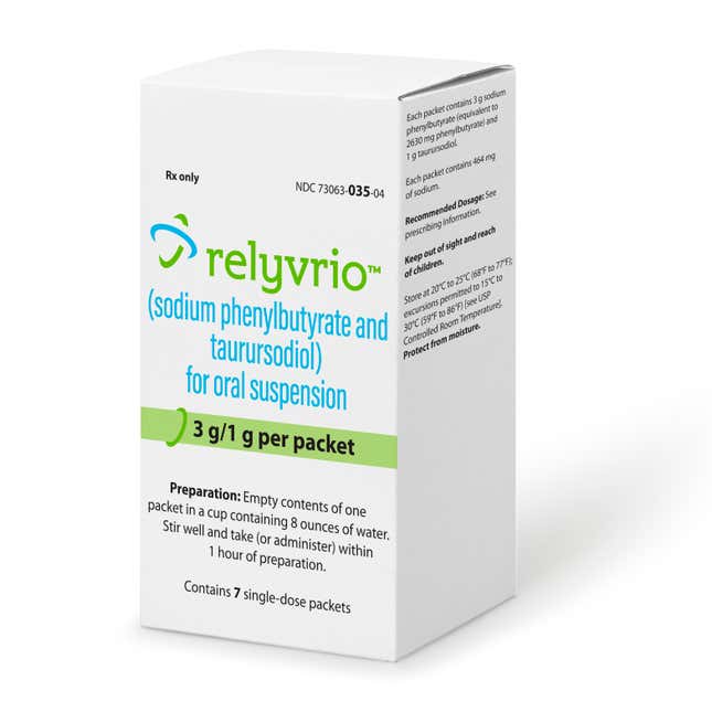 FILE - This image provided by Amylyx Pharmaceuticals shows the drug Relyvrio. The maker of a drug for Lou Gehrig’s disease that recently failed in a large study said Thursday, April 4, 2024 it will pull the medicine from the U.S. market, acknowledging it didn&#39;t help patients with the deadly neurological condition. (Amylyx Pharmaceuticals via AP)