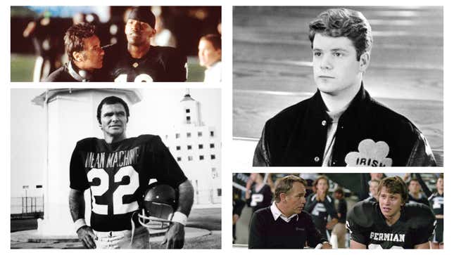 Clockwise from bottom left: Burt Reynolds in The Longest Yard (Paramount Pictures/Courtesy of Getty Images), Sylvester Stallone and Jamie Foxx in Any Given Sunday (Getty Images), Sean Astin in Rudy (Michael Ochs Archives/Getty Images), Billy Bob Thornton and Garrett Hedlund in Friday Night Lights (Universal Pictures)