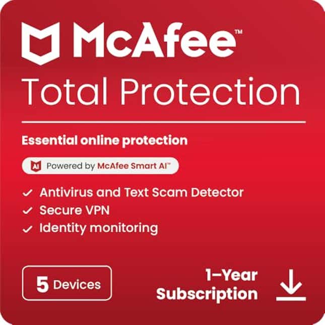 Image for article titled McAfee Total Protection 5-Device 2025 Ready | Security Software Includes Antivirus, Now 75% Off