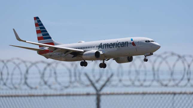 An American Airlines plane prepares to land at the Miami International Airport on May 02, 2023 in Miami, Florida.