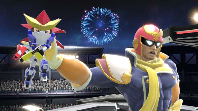 Captain Falcon holds up an action figure in his hand, seemingly preparing to make some sorta announcement.