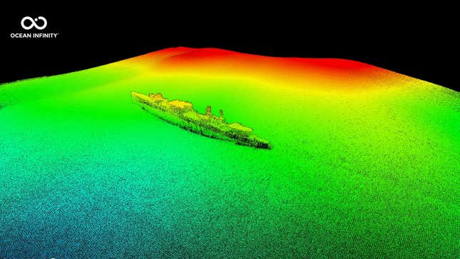 A photo of a sonar map of the sea floor including a sunken ship. 