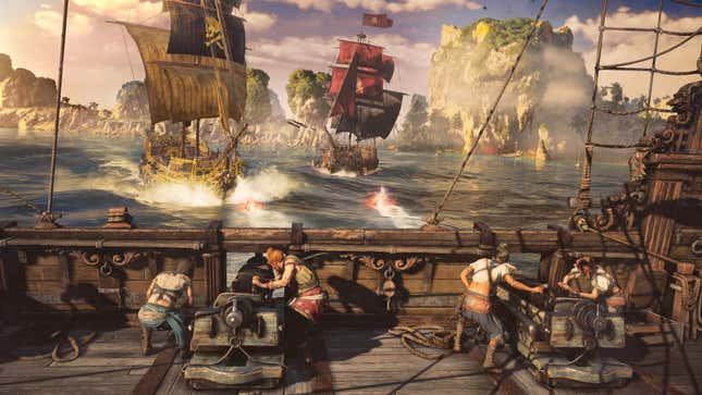 An image shows people firing canons on a pirate ship. 