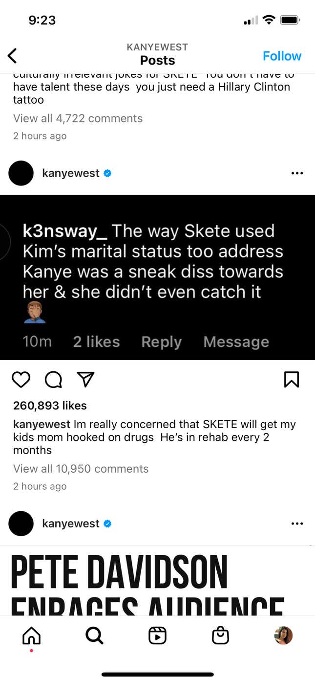Image for article titled Kanye Makes Wild Claim That Pete Davidson Will Get Kim Kardashian Into Drugs
