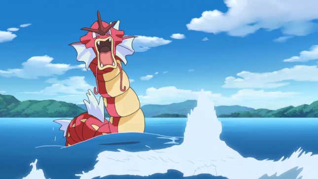 A red Gyarados is seen thrashing in a lake.