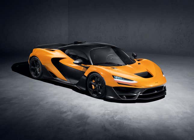 Front 3/4 view of an orange McLaren W1