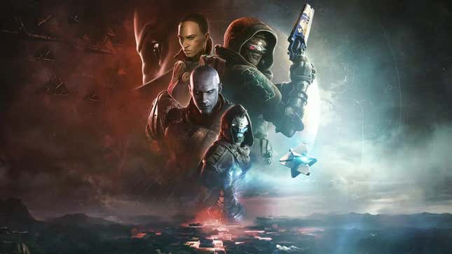 Destiny 2 characters appear overtop sci-fi ruins. 