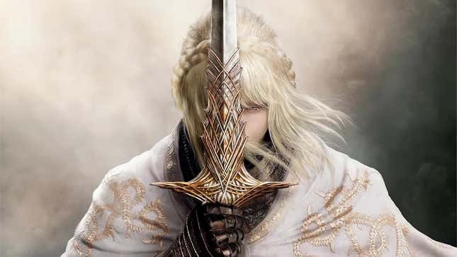 A blonde woman wields a sword in front of her face