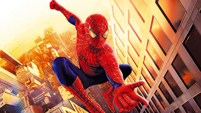 Tobey Maguire as Spider-Man in a promotional poster for Spider-Man. 