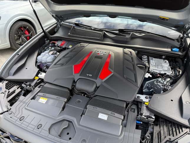 Engine bay of a silver 2025 Audi RS Q8 Performance