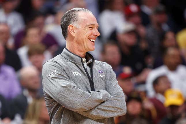 Mar 19, 2023; Denver, CO, USA; TCU Horned Frogs head coach Jamie Dixon smiles in the first half against the Gonzaga Bulldogs at Ball Arena.