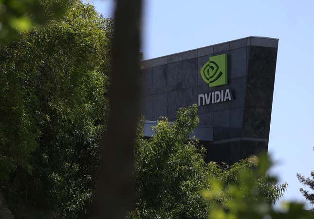 A sign is posted in front of Nvidia headquarters on May 21, 2024 in Santa Clara, California. 