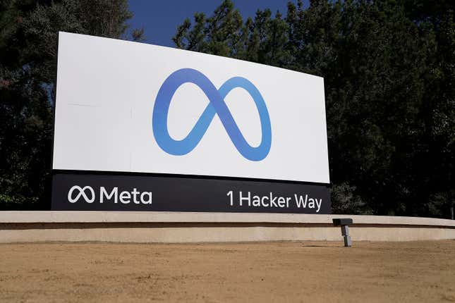 FILE - Facebook&#39;s Meta logo sign is seen at the company headquarters in Menlo Park, Calif., on, Oct. 28, 2021. Officials at Meta say they have found and disabled a network of thousands of fake Facebook accounts linked to China that were used to spread partisan content in the U.S. The accounts disclosed on Nov. 30, 2023, were designed to look like they were run by everyday Americans. (AP Photo/Tony Avelar, File)