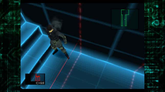 Snake se faufile devant les capteurs laser tout en fumant une cigarette dans les missions Metal Gear Solid VR.