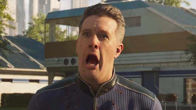 A close up screenshot shows a man screaming in Helldivers 2. 