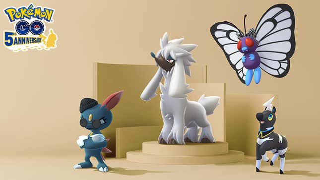 Sneasel, Furfrou, and Butterfree standing on a pedastal against a tan background in Pokemon Go.