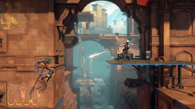 The protagonist of Prince of Persia swings toward an enemy while an arrow gets fired at them.