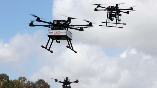 Delivery drones carry fast food orders through the sky in the Israeli coastal city of Hadera. March 17, 2021. 