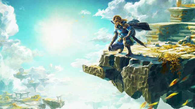 Link is perched on the end of a sky island.