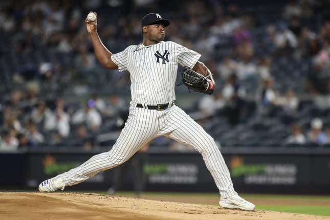 Sep 8, 2023; Bronx, New York, USA;  New York Yankees starting pitcher Luis Severino (40) pitches in the first inning against the Milwaukee Brewers at Yankee Stadium.