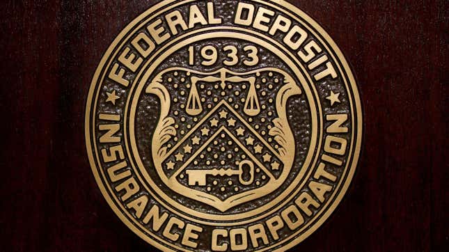 The Federal Deposit Insurance Corp (FDIC) logo is seen at the FDIC headquarters in Washington, February 23, 2011. 