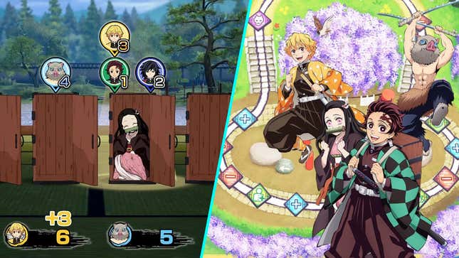 A Demon Slayer: Kimetsu no Yaiba – Mezase! Saikyou Taishi! screenshot shows the game's cover art and a screenshot of Nezuko hiding in a box.