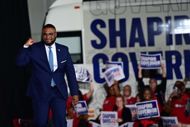 OAKS, PA - NOVEMBER 08: Lt. Democratic gubernatorial nominee Austin Davis arrives to deliver a victory speech with Democratic gubernatorial nominee Josh Shapiro to supporters at the Greater Philadelphia Expo Center on November 8, 2022, in Oaks, Pennsylvania. Shapiro defeated Republican gubernatorial candidate Doug Mastriano.