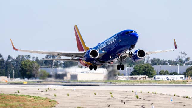 A Southwest Airlines airplane takes off on the runway, as ongoing maintenance construction takes place on existing runways and taxiways at Ontario International Airport in Ontario on Tuesday, Sept. 19, 2023.