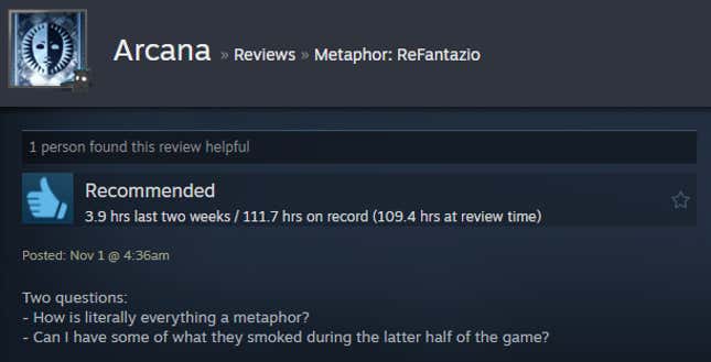 A screenshot shows a Steam review for Metaphor: ReFantazio.