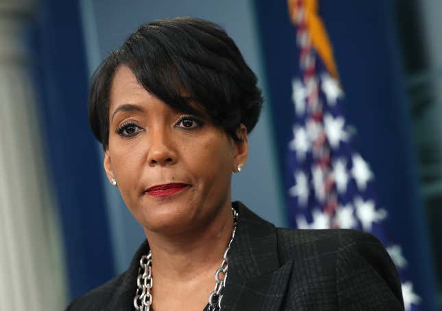 WASHINGTON, DC - JANUARY 13: White House Public Engagement Advisor Keisha Lance Bottoms speaks a press briefing at the White House on January 13, 2023 in Washington, DC. 