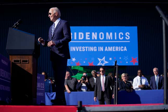 President Joe Biden reacts after stumbling on stage as he arrives to speak at Tioga Marine Terminal, Friday, Oct. 13, 2023, in Philadelphia. (AP Photo/Evan Vucci)