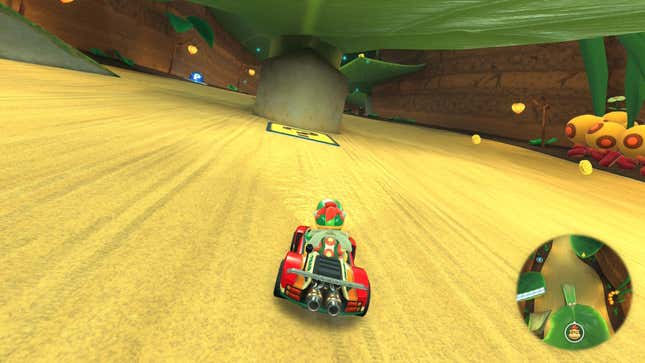 Bowser Jr. races forward on a track in Acorn Heights.