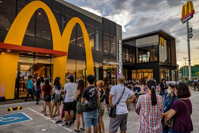 Customers queue at a McDonald’s restaurant in Pampanga, Philippines.