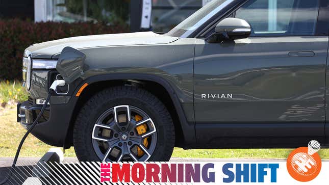 A photo of a Rivian R1T charging with the Jalopnik "Morning Shift" banner overlaid.