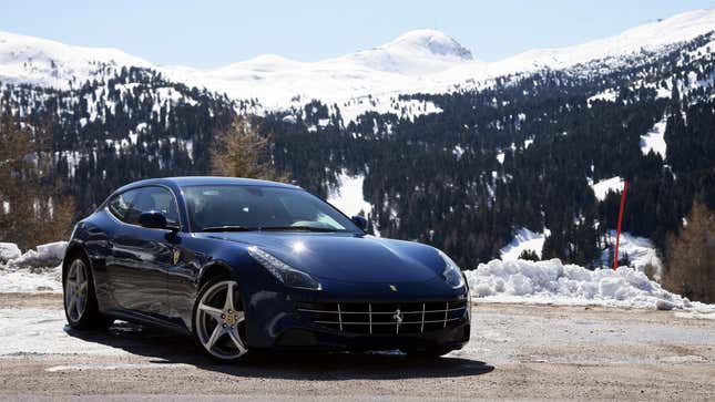 A photo of a Ferrari FF in the snow. 