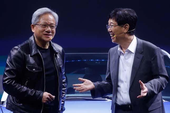 Nvidia CEO Jensen Huang and Foxconn chairman Liu Young-way at Foxconn’s Tech Day in September 2023 in Taipei.
