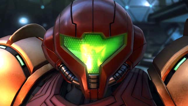 Samus Aran looks into the camera. 