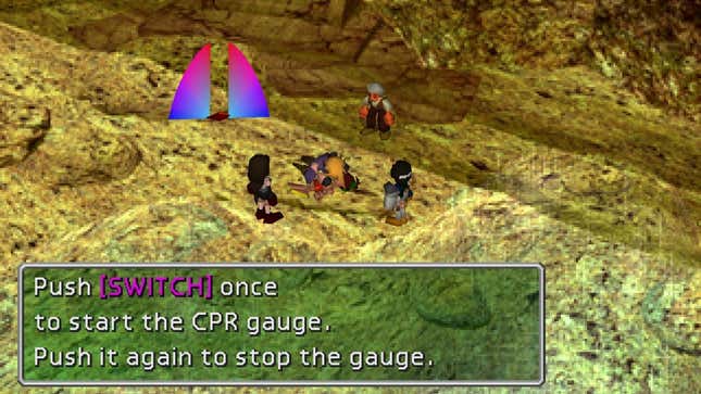 Cloud administers CPR to a girl on the beach in a Nintendo Switch port of the original FF7.