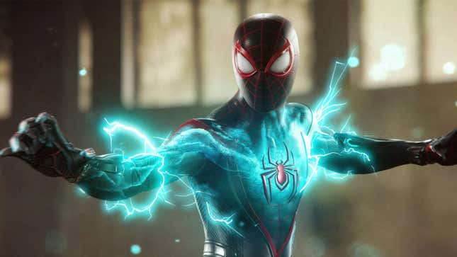 Miles Morales glows with lightning-based power. 