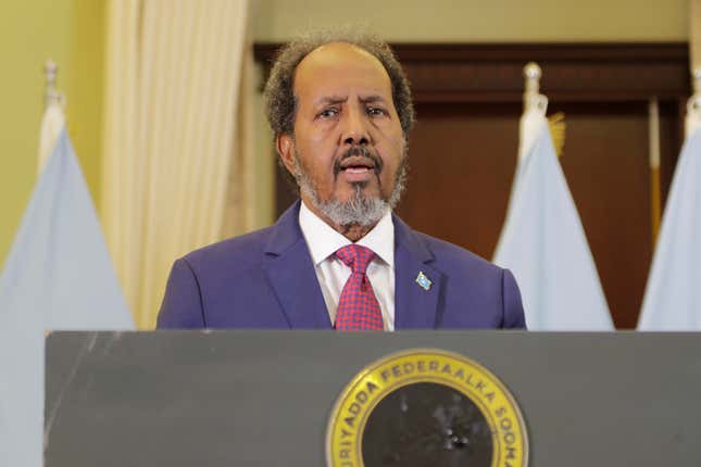 Somalia President Hassan Sheikh Mohamud addresses members of parliament in Mogadishu, Somalia, Wednesday, Feb 21, 2024. Somalia announced a defense deal with Turkey to deter Ethiopia&#39;s access to sea through a breakaway region. Ethiopia signed a memorandum of understanding with Somaliland on Jan. 1. The document has rattled Somalia, which said it&#39;s prepared to go to war over it because it considers Somaliland part of its territory. (AP Photo/Farah Abdi Warsameh)