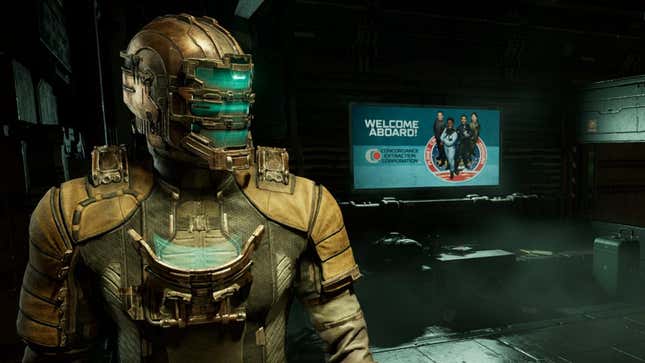 A Dead Space remake still shows Isaac staring at a recruitment ad on the USG Ishimura. 