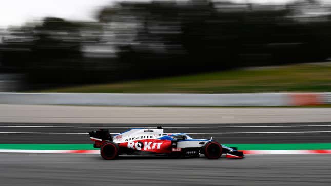 George Russell drives a Rokit-sponsored Williams car during Formula 1 pre-season testing in 2020.