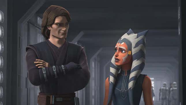 Anakin Skywalker looks at Ahsoka Tano with his arms crossed in Star Wars: The Clone Wars animated series.