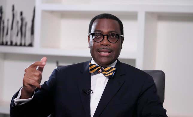 Akinwumi Adesina, President African development bank, speaks during an interview with The Associated Press in Lagos Nigeria, Tuesday , March. 5, 2024. The head of the African Development Bank is calling for an end to loans given in exchange for the continent&#39;s rich supplies of oil or critical minerals used in smartphones and electric car batteries, deals that have helped China control mineral mining in places like Congo and have left some African countries in financial crisis. (AP Photo/Sunday Alamba)