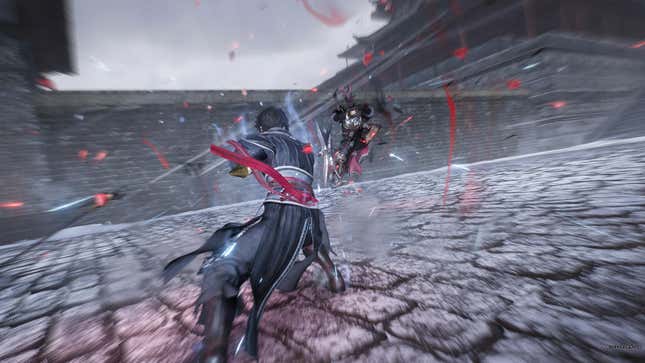 A screenshot of Dynasty Warriors: Origins. The protagonist is thrusting a large polearm towards Lu Bu, inflicting a killing blow that sends him flying backwards..