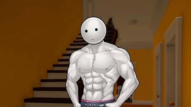 A muscular white figure with a round blank face flexes while shirtless